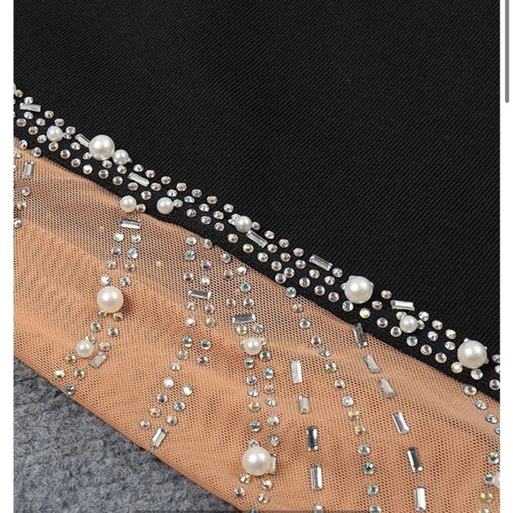 BLACK HEART SHAPED RHINESTONE PEARL NUDE MESH ONE SHOULDER FULL LENGTH GOWN XL - Picture 9 of 16